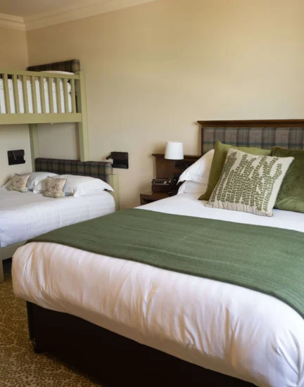 Spacious family room with cosy double bed, stylish bunk beds, plush green accents, and warm lighting, ideal for relaxation.