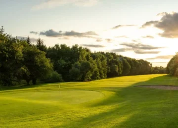 Lush golf course at sunset surrounded by trees