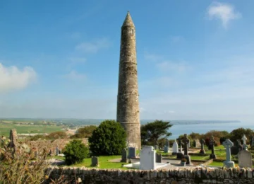 Views of round tower in Ardmore, on the the route of the cliff walk.